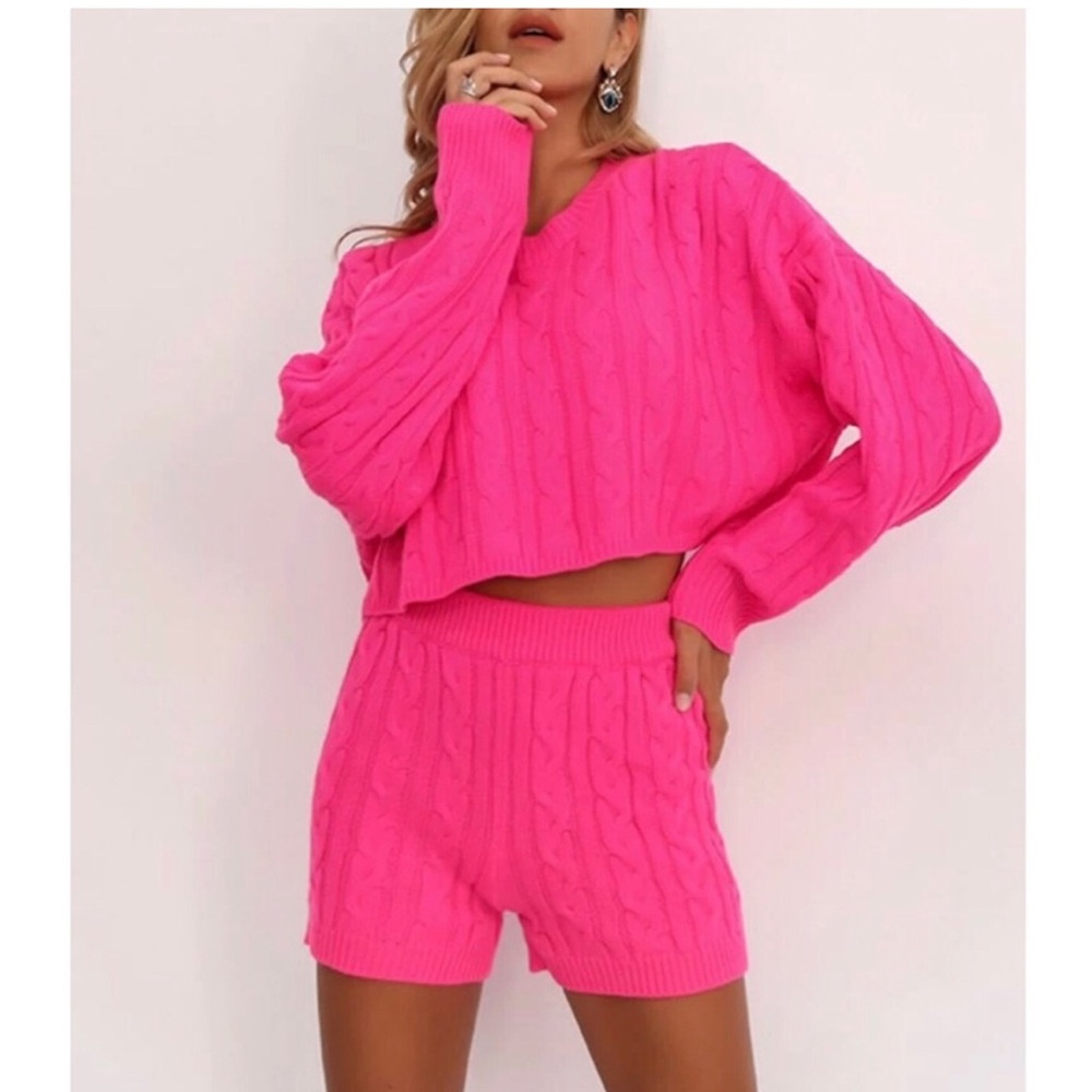 Hot Pink Cable Knit Cropped 2 Piece Sweater Set